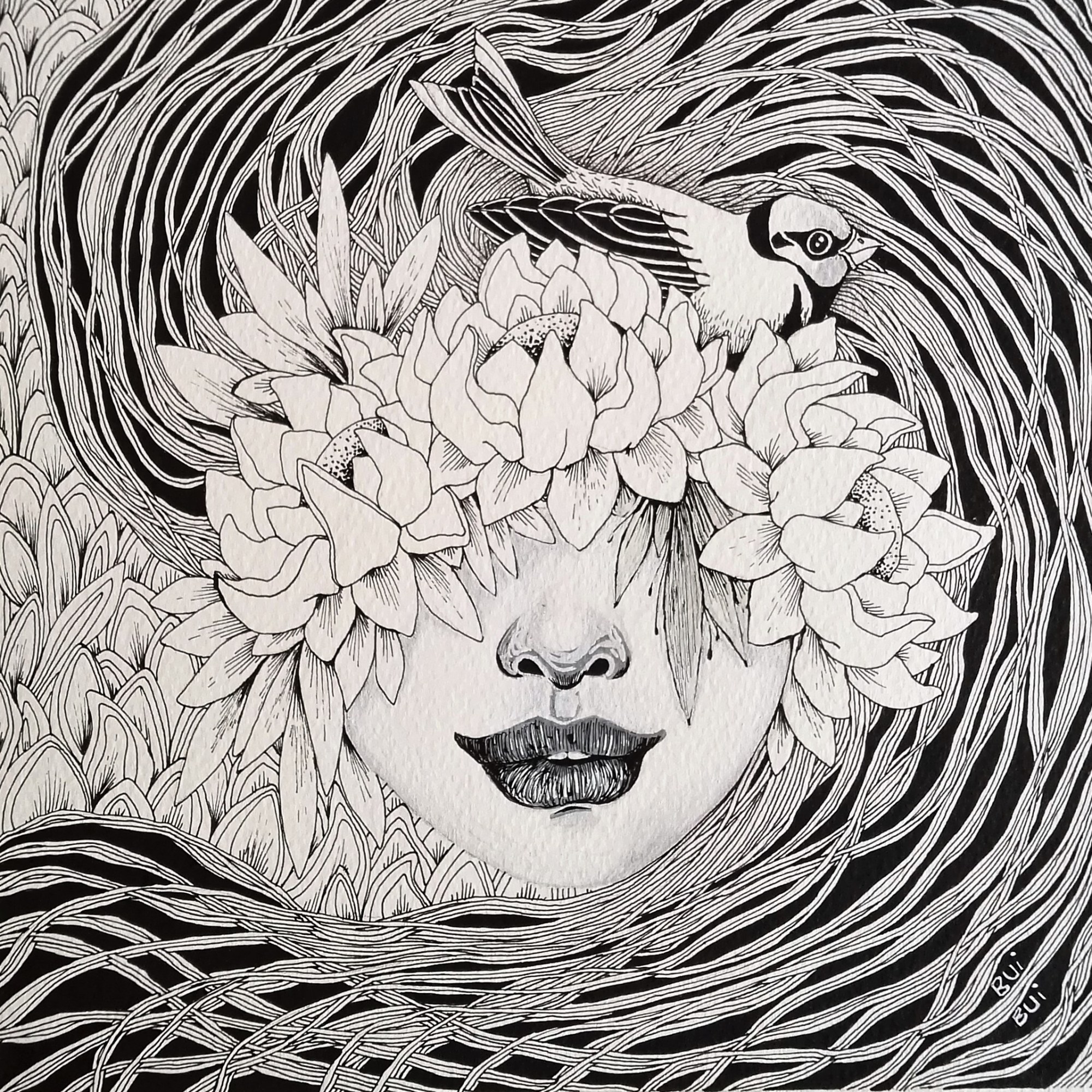 Stylos, feutres et marqueurs sur papier 19x19cm