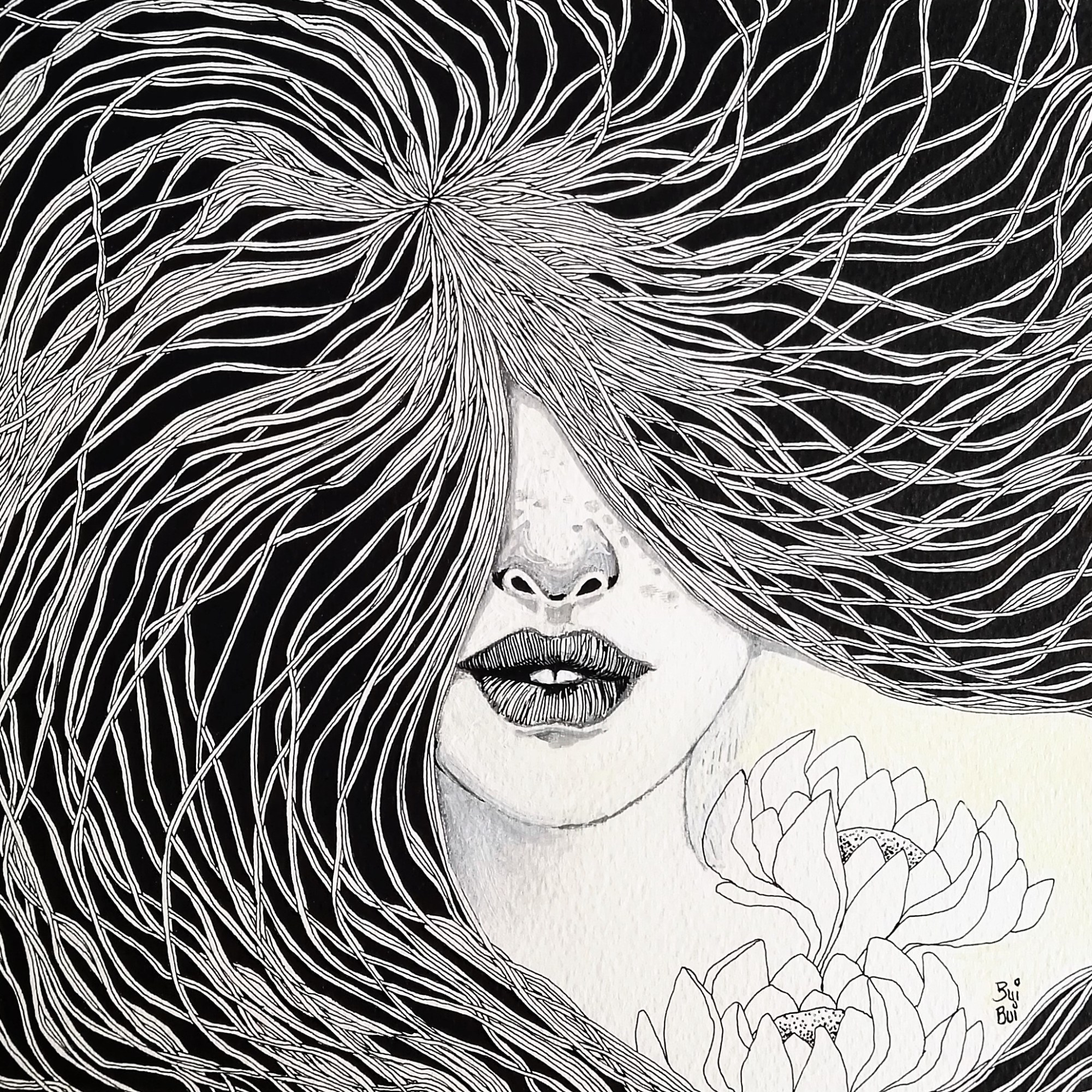 Stylos, feutres et marqueurs sur papier 19x19cm